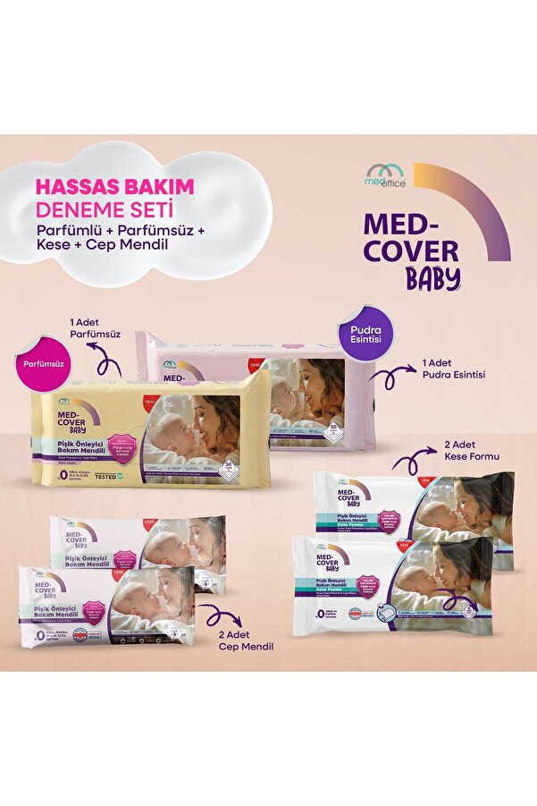 MED-COVER Baby Pişik Önleyici Bakım Mendil Seti – Parfümlü 50'li + Parfümsüz 50'li + 2 Kese + 2 Cep