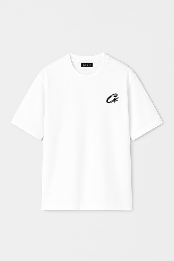Unisex Corteiz C Baskılı Oversize %100 Pamuk Geniş Kesim Dokulu Bisiklet Yaka Beyaz Tişört RF0655