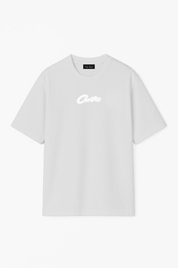 Unisex Corteiz Ön Baskılı Oversize %100 Pamuk Geniş Kesim Dokulu Bisiklet Yaka Gri Tişört RF0657