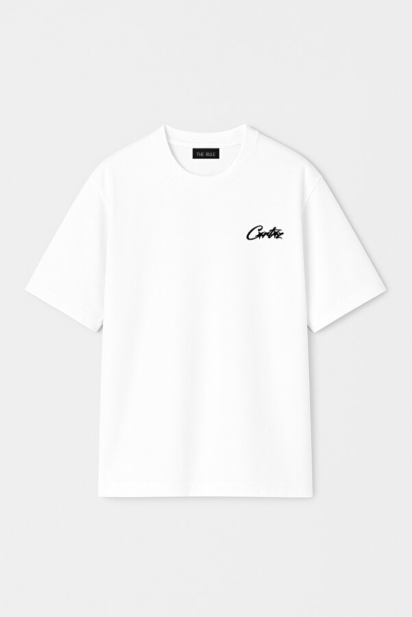 Unisex Corteiz Baskılı Oversize %100 Pamuk Geniş Kesim Dokulu Bisiklet Yaka Beyaz Tişört RF0656