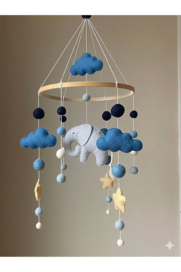 keçedekorr Bebek beşik dönencesi bulut, yıldız küçük toplar fil figürlü bebek beşik süsü