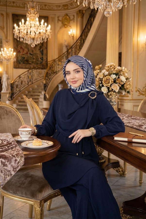 hafsamina Side Buckled Aerobin Set with Pants Navy HM2901