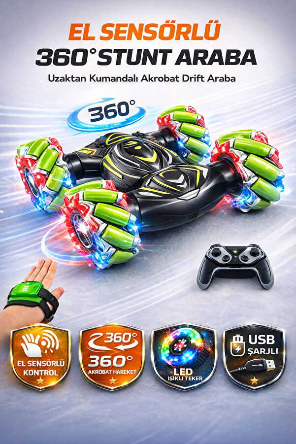 YILDIRIM OYUNCAK Uzaktan Kumandalı El Sensörlü 360° Stunt Araba 30cm – Işıklı Müzikli Şarjlı Akrobat Drift RC Oyuncak