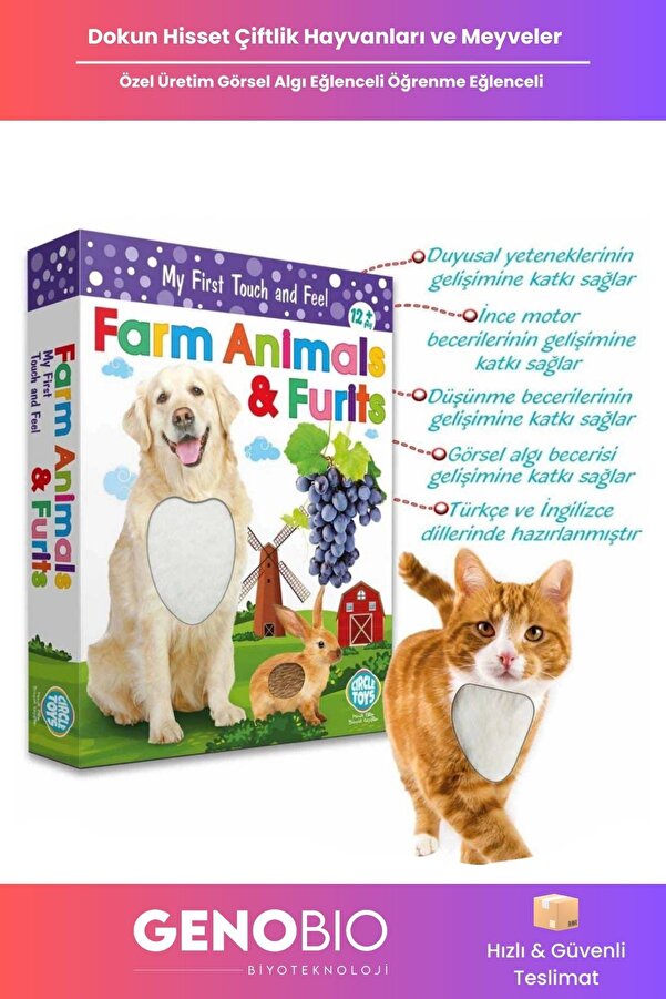 GenoBio Dokun Hisset Çiftlik Hayvanları Meyveler Eğitim Kartları Duyusal ve Dil Gelişim Çocuk Kart Seti