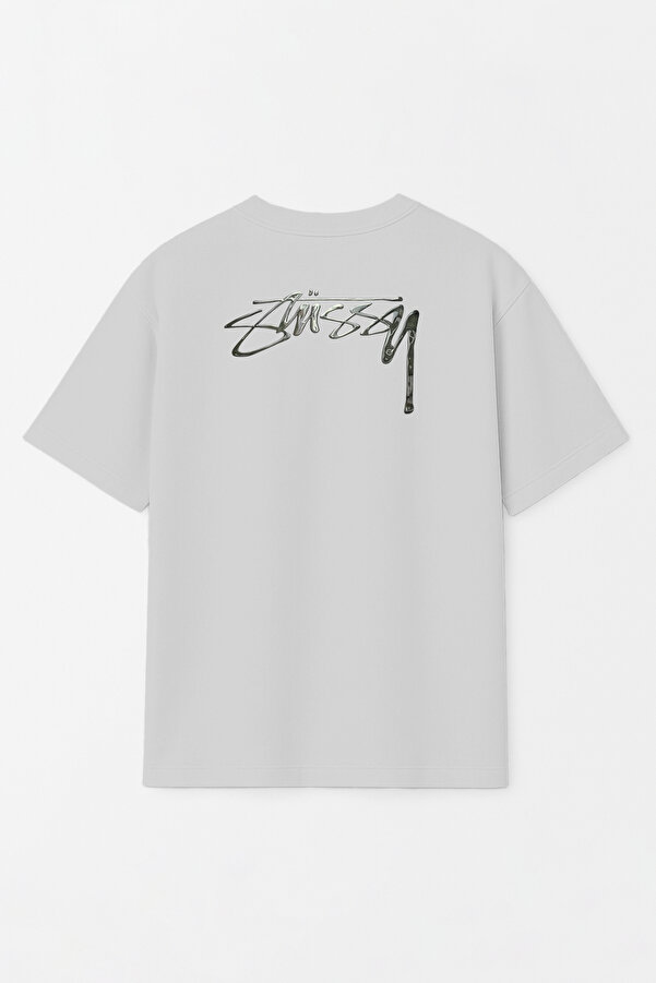 Unisex Stüssy Melted Baskılı Oversize %100 Pamuk Geniş Kesim Dokulu Bisiklet Yaka Gri Tişört