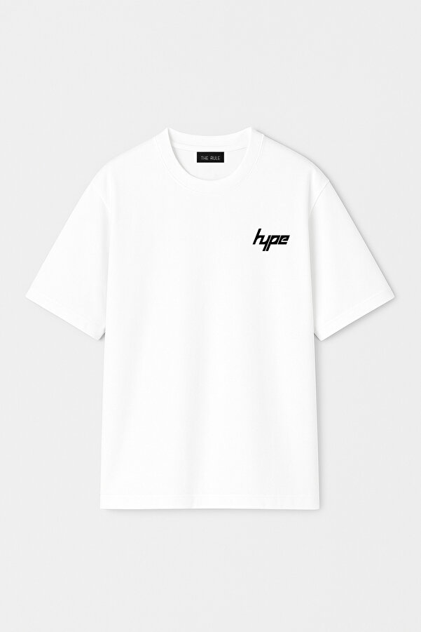 Unisex Hype Baskılı Oversize %100 Pamuk Geniş Kesim Dokulu Bisiklet Yaka Beyaz Tişört RF0660