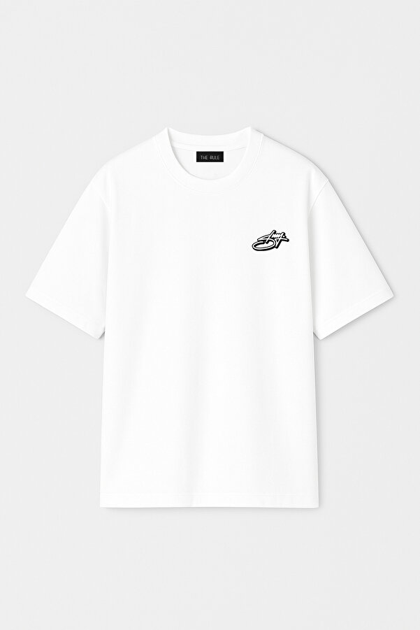 Unisex Stüssy Curved Baskılı Oversize %100 Pamuk Geniş Kesim Dokulu Bisiklet Yaka Beyaz Tişört