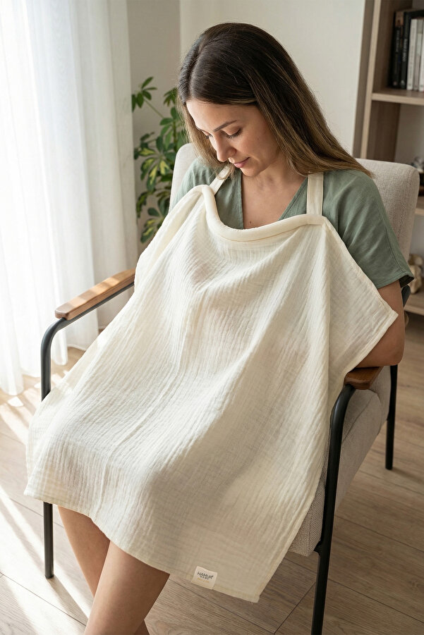 HAMUR Müslin Anne Bebek Emzirme Önlüğü %100 Pamuk Çok Amaçlı Bebek Arabası Puset Örtüsü Ekru