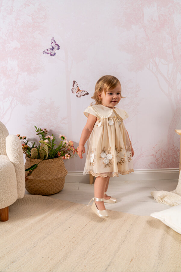 NoyNoy Baby Bebikim Kız Bebek Ekru Nakışlı Tüllü Mevlüt ve Özel Gün Elbisesi + Bandana Takım 9 - 36 Ay