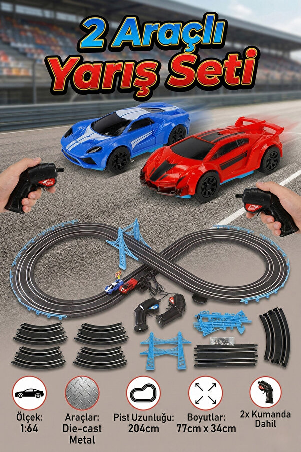 craftivio Slot Racing 2 Araçlı Yarış Seti - 204 cm Pist Uzunluğu - 1:64 Die-Cast Metal Arabalı Yarış Pisti