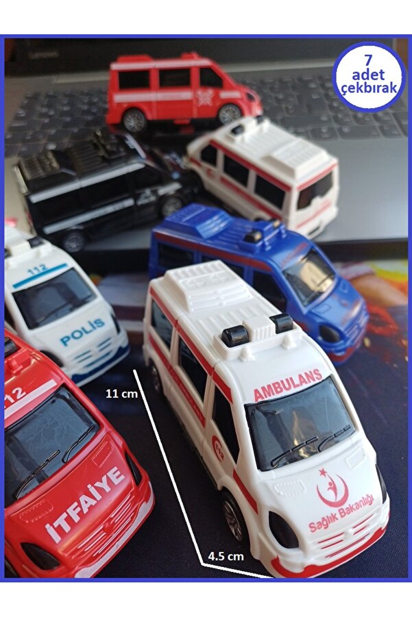 OYUNCAKSAHİLİ Araç Set 7 Adet Geri Çekbırak 112 Acil Minibüs Seti Ambulans itfaiye Polis Jandarma Emniyet 11CM