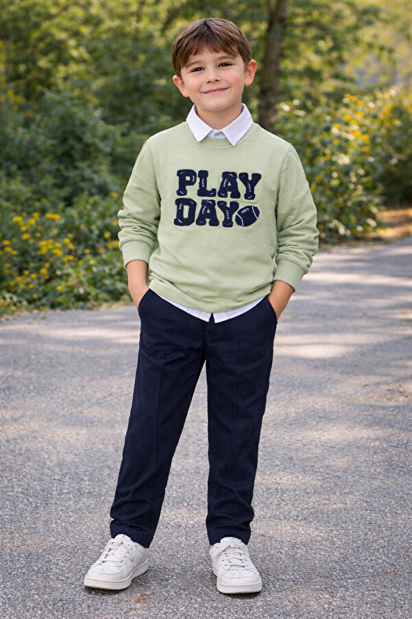 tinytrends Erkek Bebek&Çocuk Play Day Baskılı %100 Pamuk Gömlek Sweatshirt Pantolon 3'lü Takım Elbise Bayramlık