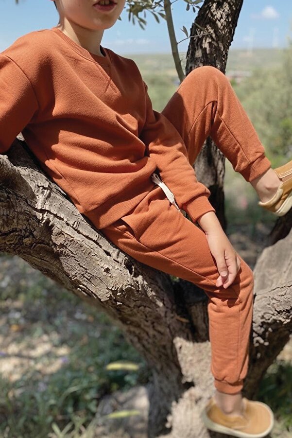 Cigit Basıc Karyoka Detaylı Sweatshirt Takım 3-8 Yaş kiremit