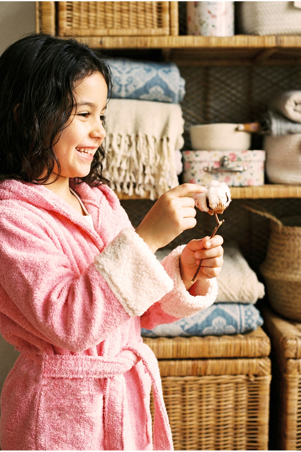 EAST&HIERA Kız Çocuk Bornozu Kapüşonlu Pamuklu ,Polar Figürlü, Pembe (1-14 Yaş)