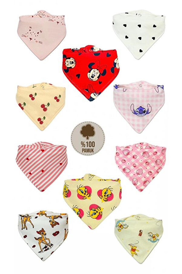 Lumos Trade Kız Bebek Organik Kumaş Çift Katlı Renkli Ve Desenli Fular Mama Önlüğü Salya Önlüğü 10 Adet