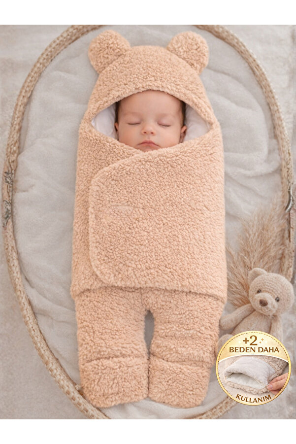 Tomuycuk 0-12 Ay İçi Elyaflı Peluş Welsoft Kulaklı Vizon Dış Bebek Kundak & Battaniyesi Kışlık Uyku Tulumu