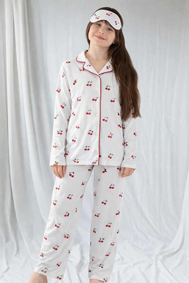 zahider Kız çocuk pamuklu uyku bantlı düğmeli gömlek yaka kiraz desenli mevsimlik pijama takımı