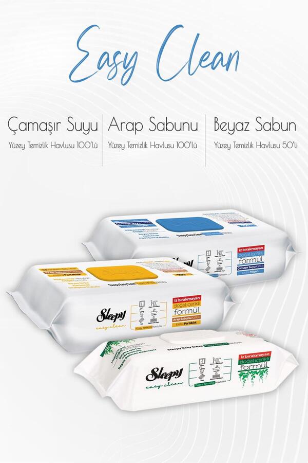 Sleepy Easy Clean Yüzey Temizlik Havlusu 50'li ,Çamaşır Suyu Katkılı 100'lü ve Arap Sabunu Katkılı 1