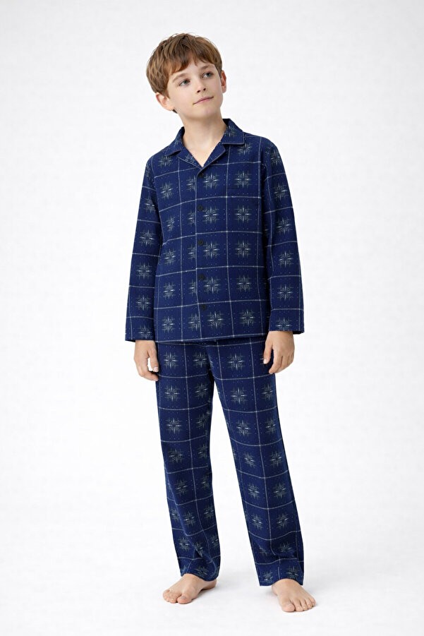 Free Beka Lacivert Ekose Desenli Uzun Kollu Gömlek Yaka Düğmeli Erkek Çocuk Pijama Takımı
