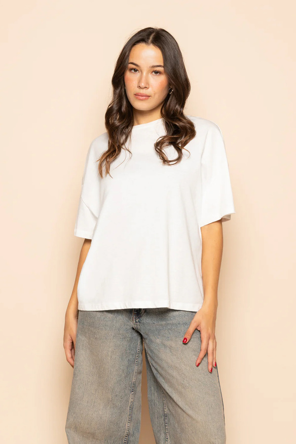 Kadın Oversize %100 Pamuk Baskısız Yumuşak Dokulu Basic Bisiklet Yaka Beyaz Tişört RF0006