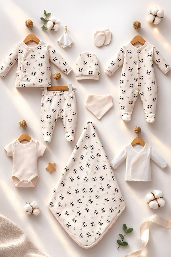 KapsülBebek %100 organik pamuk 10’lu yenidoğan hastane çıkışı seti – 0-3 ay bebek takımı desenli