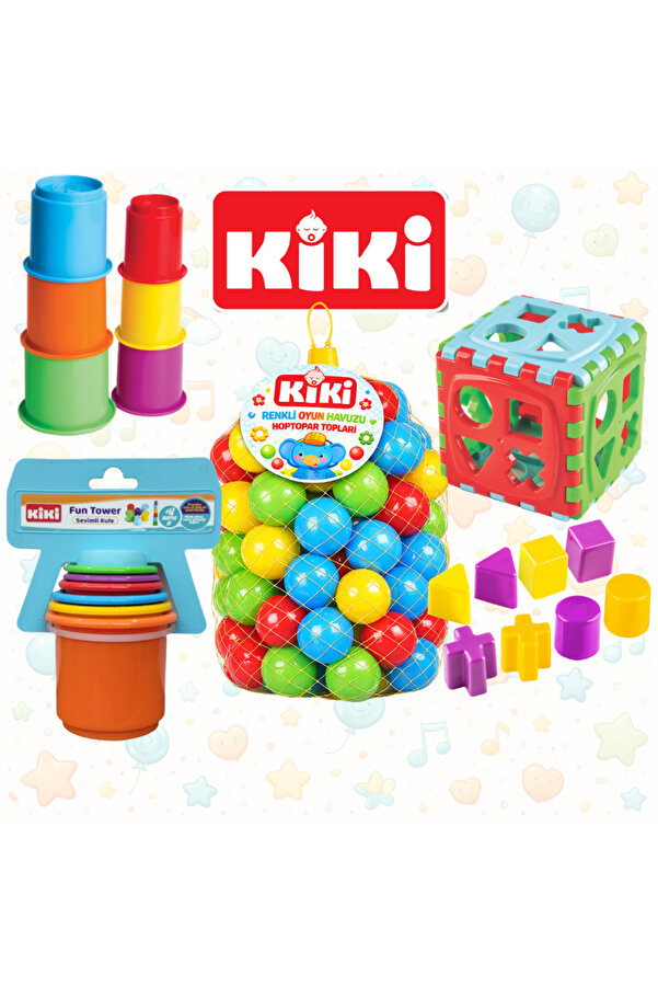 Kiki Bebeğimin İlk Oyuncakları 3lü Set 50 adet 6 cm Havuz Topu - Bultak Küp - Sevimli Kule