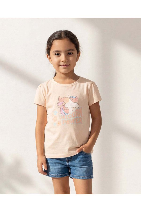 REDTAG Girls Pale Pink Unicorn Placement Print T-Shirt