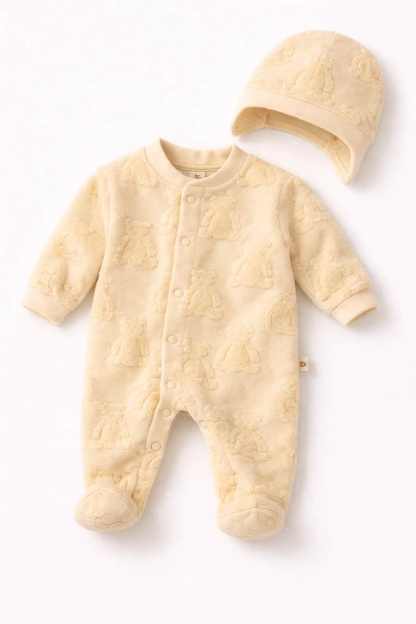 KapsülBebek %100 Pamuk Peluş Ayıcık Desenli Tulum Set