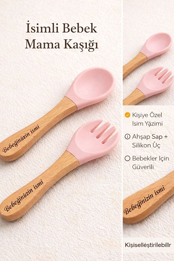 Ayana Cosmetic Bebek mama kaşığı ve çatalı silikon uçlu. ahşap saplı (kişiselleştirilebilir)