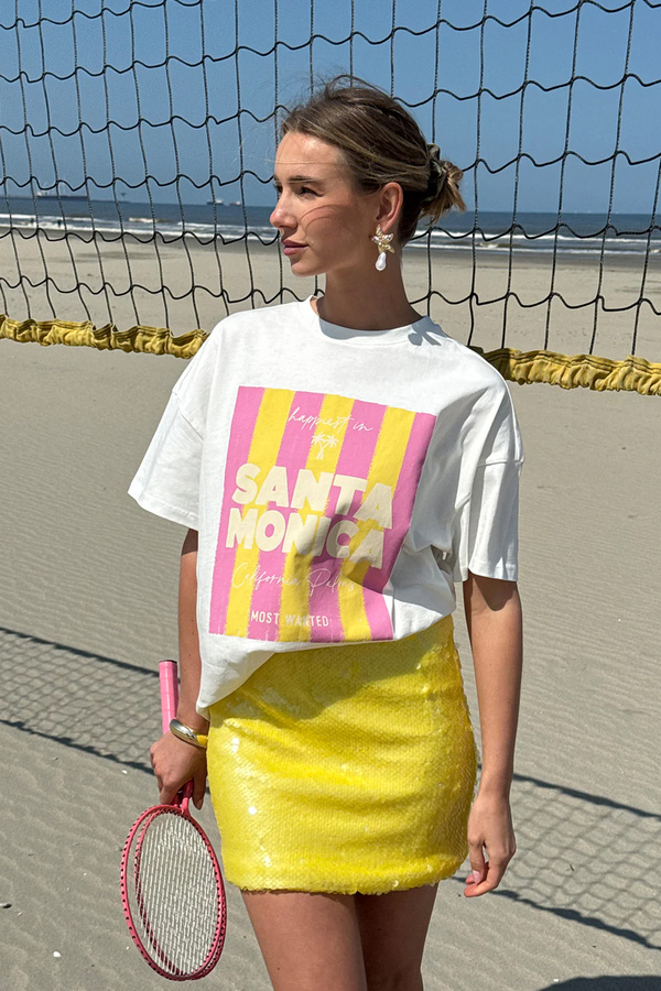 Kadın Santa Monica Baskılı Oversize %100 Pamuk Geniş Kesim Yumuşak Dokulu Bisiklet Yaka T-Shirt