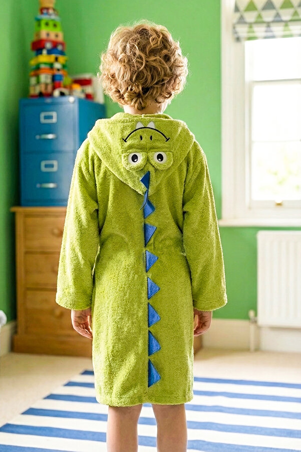 EAST&HIERA Erkek Çocuk Bornozu Kapüşonlu Pamuklu, Dino Figürlü, Gri (1-14 Yaş)