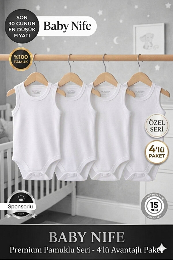Baby Nife %100 pamuklu4'lü çıtçıtlı bebek body/organik pamuklu zıbın/çıtçıtlı bebek atlet