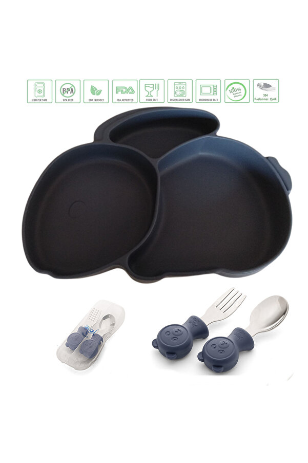 jojobebek Tavşan -Vakumlu Silikon Mama Tabağı, Paslanmaz Çelik Çatal, Kaşık ve Saklama Kutusu (Lacivert)