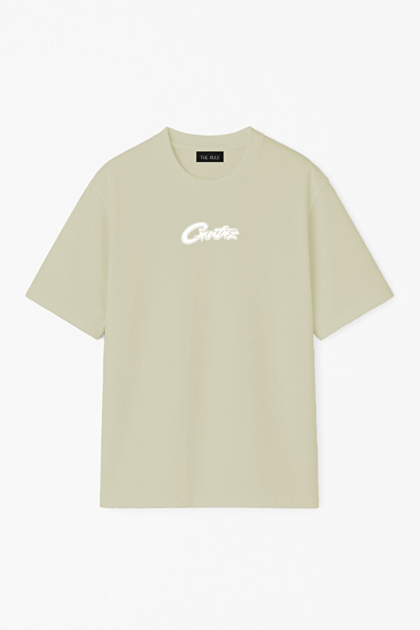 Unisex Corteiz Ön Baskılı Oversize %100 Pamuk Geniş Kesim Dokulu Bisiklet Yaka Yeşil Tişört RF0657