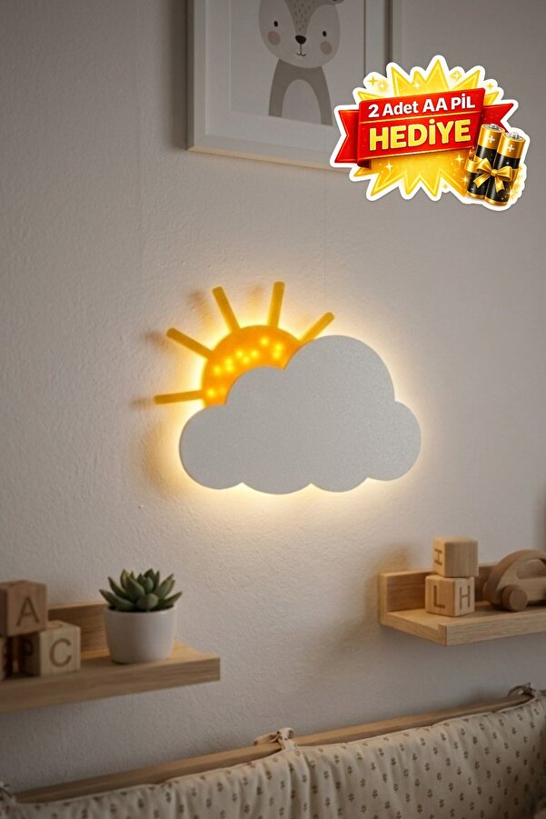 ProLaz Bulut Gece Lambası 2 Adet AA Pil Hediye LED Çocuk Odası Duvar Lambası 22.5x19 cm Kablosuz