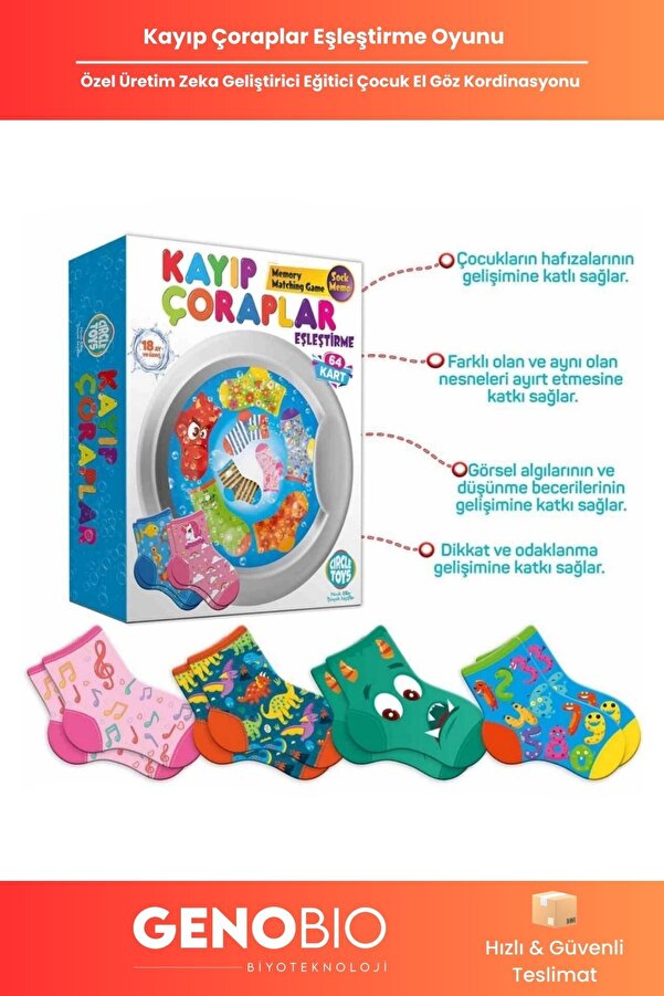 GenoBio Kayıp Çoraplar Hafıza Eşleştirme Beceri Çocuk Kart Oyunu Dikkat Geliştirici 64 Kart Eğitici Oyuncak
