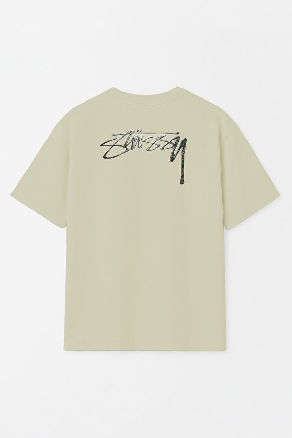 Unisex Stüssy Melted Baskılı Oversize %100 Pamuk Geniş Kesim Dokulu Bisiklet Yaka Yeşil Tişört