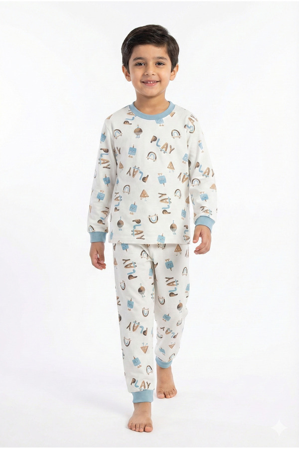 Miniworld Erkek Çocuk "PLAY" Yazılı %100 Pamuk 2 İp Örme Pijama Takımı