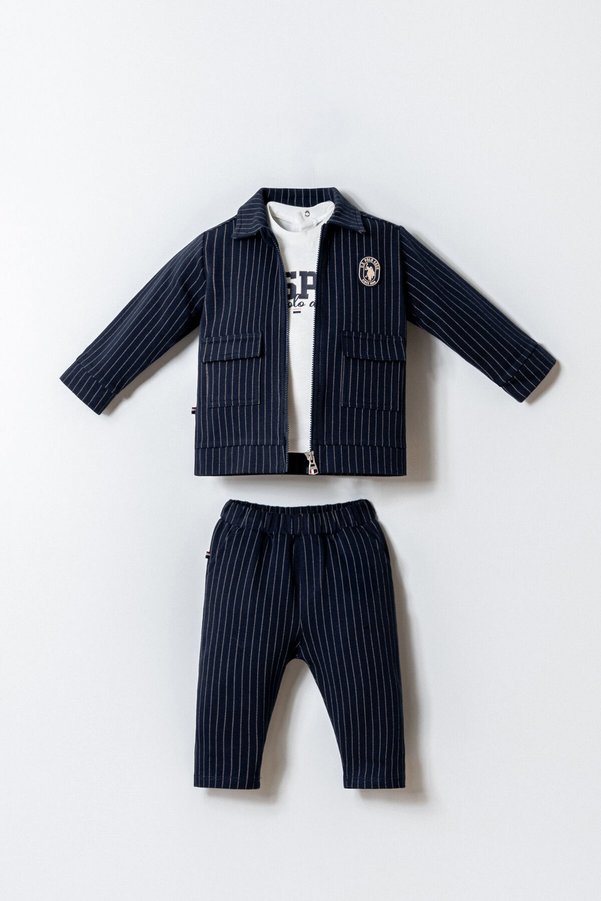 U.S. Polo Assn. Baby Boy Zippered Collar Embroidered Summer Regular Fit Navy Blue 3-Piece Baby Set Usb2924-C-V1
