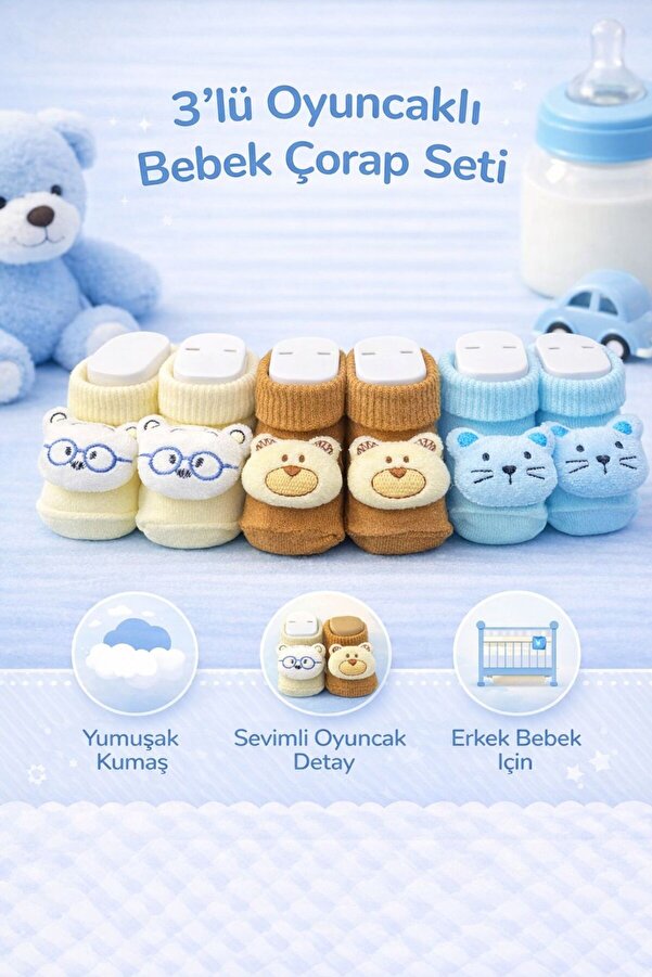 Akface 3 ÇİFT Oyuncaklı Yenidoğan Erkek Bebek Çorabı 0-6 Ay ( manken ayak dahil değildir)