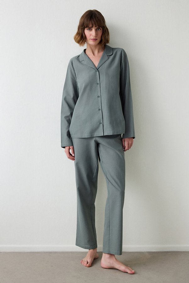 Penti Green Striped Shirt Collar Long Sleeve Pajama Set