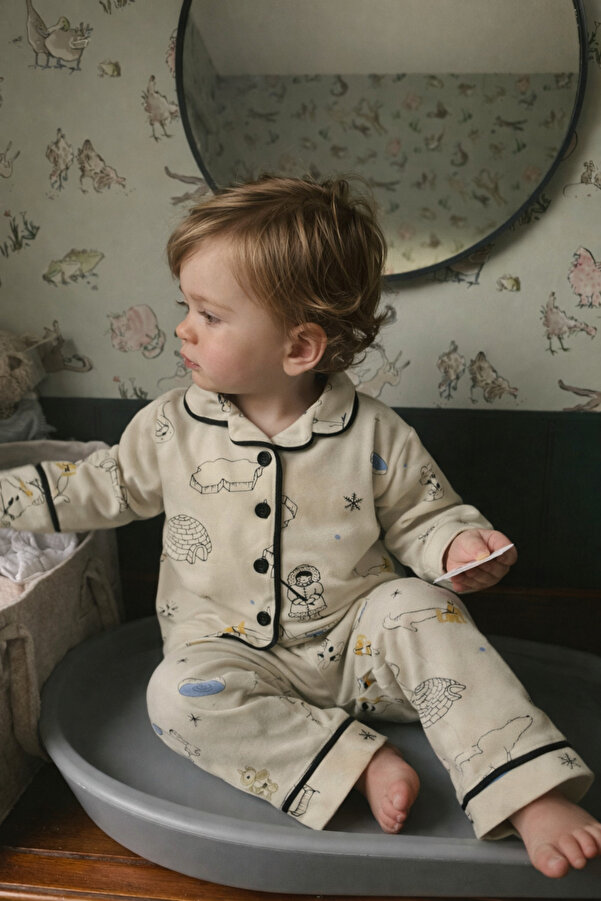ALAMODECOR %100 Pamuk Bej Kuzey Kutup Baskılı Erkek Çocuk Pijama Takımı