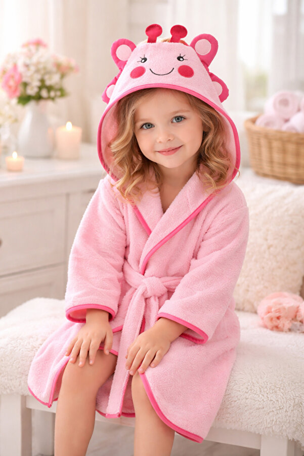 zenginhome Kapüşonlu Erkek Ve Kız Çocuk Bornozu,pamuklu,kulaklı,hayvan Figürlü-pembe Kelebek