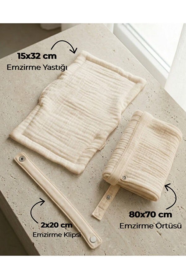 Joyous Mom Kids 4 Katlı Müslin Bebek Emzirme Seti Emzirme Yastığı, Emzirme Klipsi, İç Göstermez Bebek Emzirme Örtüsü