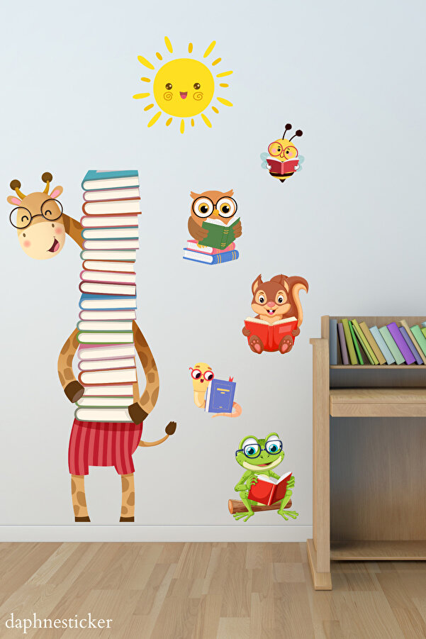 Tasarım Kitap Okuyan Hayvanlar Duvar Sticker Seti, Cam Sticker