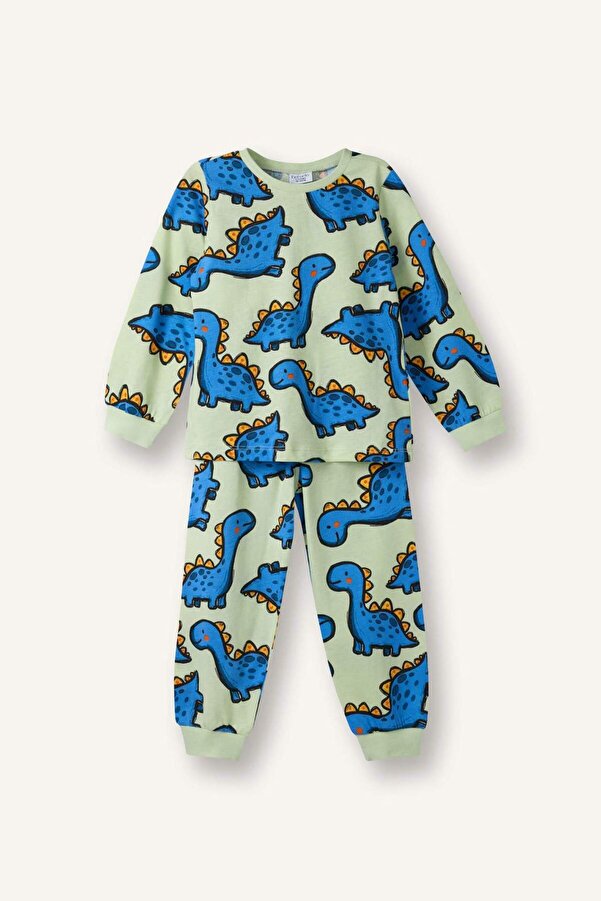 Defacto %100 Pamuklu Dinozor Desenli Beli Lastikli Pijama Takımı Erkek Bebek G7131A526SP