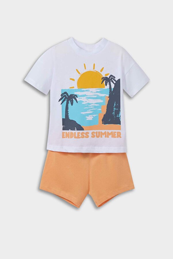 Defacto 2'li Takım Palmiye Baskılı Kısa Kollu Tişört Beli Lastikli Şort Erkek Bebek E6832A525SM