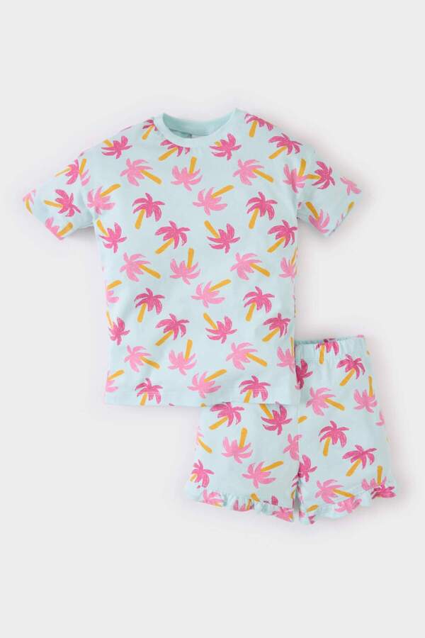 Defacto 2'li Takım Palmiye Desenli Kısa Kollu Tişört Beli Lastikli Şort Kız Bebek E0689A525SM