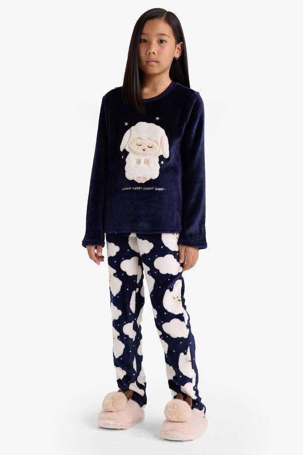 Defacto Pijama Takımı Pelüş Baskılı Uzun Kollu Üst Desenli Uzun Alt Kız Çocuk D1083A824WN