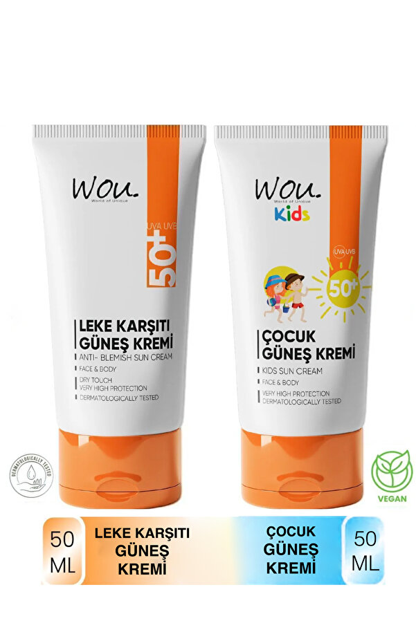 WOU World of Unique Leke Karşıtı Spf50 Güneş Kremi 50ml & Yüksek Korumalı Spf50 Çocuk Güneş Kremi 50